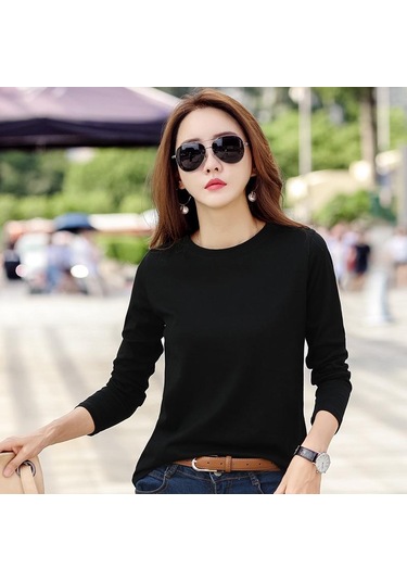 Siyah İlkbahar ve Sonbahar Kadın Bluz Pamuk Gevşek Düz Renk Yuvarlak Yaka Uzun Kollu Üst Siyah Siyah İlkbahar ve Sonbahar Kadın Bluz Pamuk Gevşek Düz Renk Yuvarlak Yaka Uzun Kollu Üst Siyah