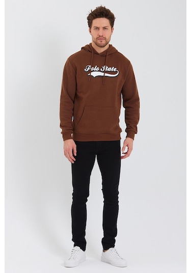 Erkek Baskılı Kapüşonlu 3 İplik Sweatshirt Kahverengi