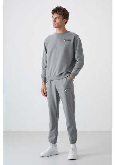 Tommy Life Gri Melanj Casual O Yaka Lastik Paça Pamuklu Erkek Oversize Eşofman Takımı - 85120 GRİ MELANJ