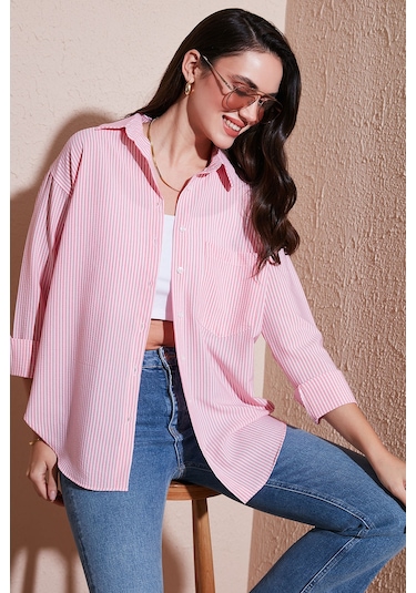 Lela Regular Fit Uzun Kollu Cepli Çizgili Bayan Gömlek 6772895 Şeker Pembe