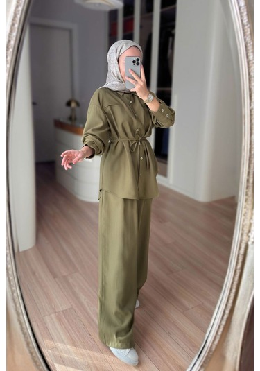Ka Hijab Bağcıklı Bluz Pantolon Takım - Haki