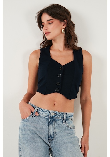 Lela Slim Fit Kalp Yaka Düğmeli Kalın Askılı Crop Bayan Yelek 5865497 Lacivert