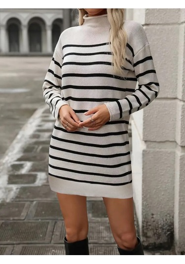 Nnstartshopping Kadın Uzun Kollu Yarım Balıkçı Yaka Çizgilitriko Mini Boy Elbise Kemersiz BEYAZ
