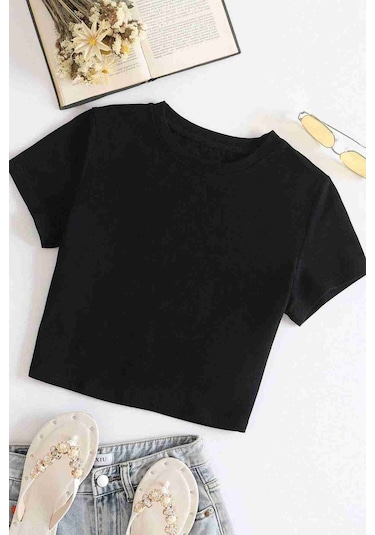 Merry See Pamuklu Yumuşak Dokulu Kısa Kol Bisiklet Yaka Bluz Crop Siyah 001
