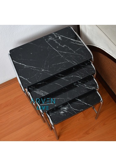 Renk Renk Mermer Desenli Parlak Mikelaj Ayaklı 4'Lü Zigon Sehpa (467864165)