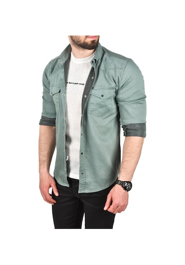 Deepsea Erkek Yeşil Slim Fit Pamuklu Cepli Kot Gömlek Çıtçıtlı Uzun Kollu Spor Gömlek 2502503 Yeşil