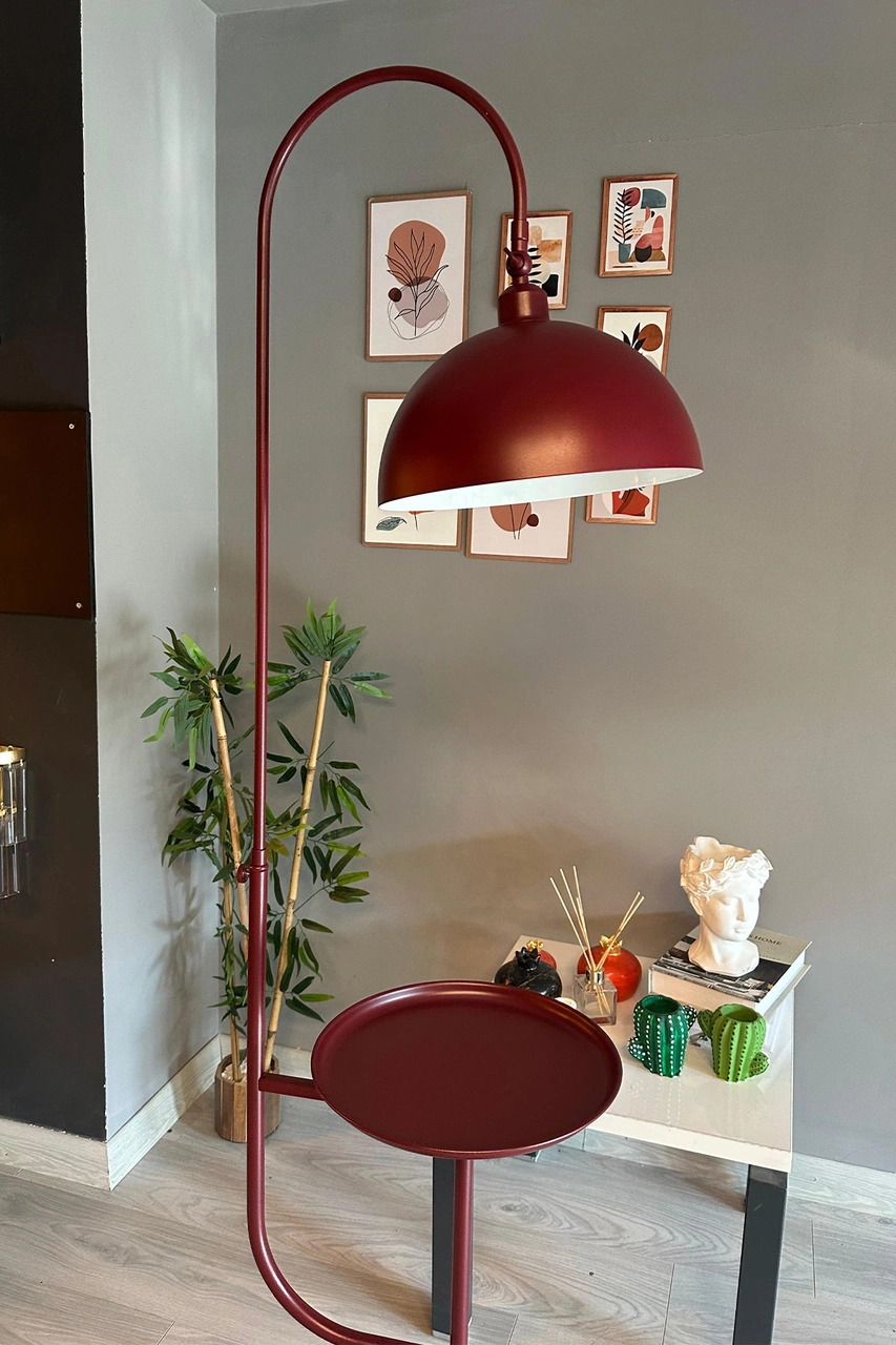 Vişne Çürüğü Lambader Hareketli Başlık Sehpalı Modern Dekoratif Metal Oturma Odası Çalışma Odası Bordo