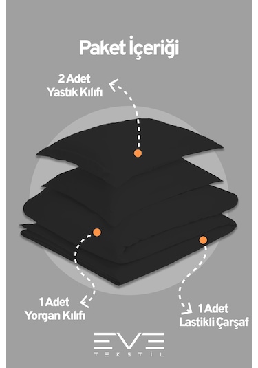 Eve Tekstil %100 Pamuk Ranforce Çarşaflı Yastık Ve Yorgan Kılıflı Çift Kişilik Nevresim Takımı 200x220 Cm Siyah