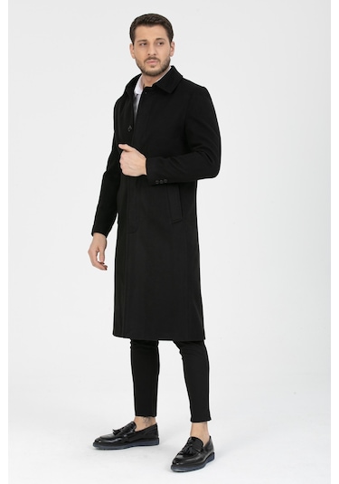 Erkek Siyah Dar Kesim Uzun Kaşe Gömlek Yaka Palto & Kaban Siyah