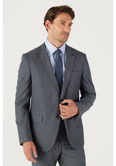 AC&Co / Altınyıldız Classics Slim Fit Dar Kesim Mono Yaka Armürlü Klasik Takım Elbise Antrasit