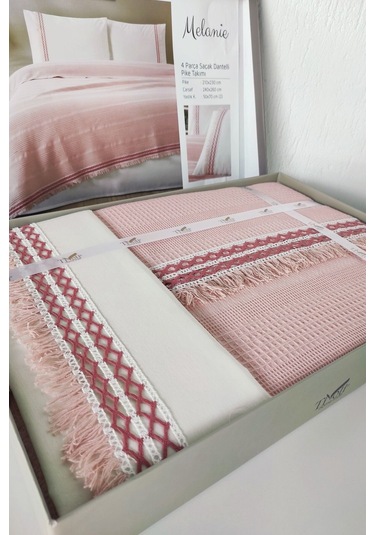 Tivoli Çift Kişilik Dantelli 4 Parça Pike Takımı Çeyizlik-melanie-kapuçino Pudra Pudra