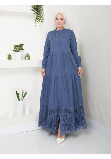 Dantelli Doğal Kumaşlı Boydan Düğmeli Kot Elbise İndigo