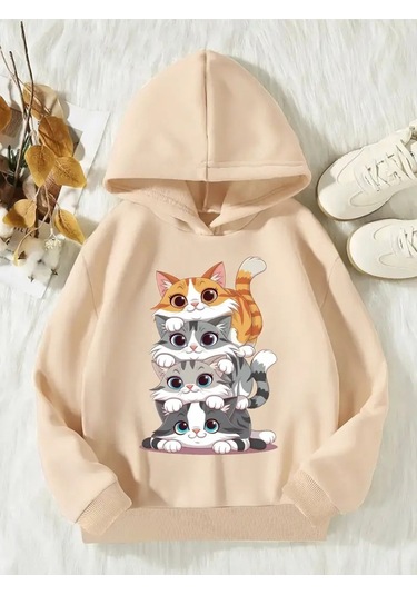 Kışlık Kapüşonlu Sweatshirt, Çocuk Kediciklerbaskılı Bej