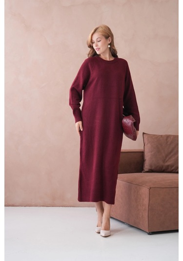Kadın Bisiklet Yaka Yumuşak Dokulu Maksi Boy Şardonlu Oversize Triko Elbise 8324sw Bordo