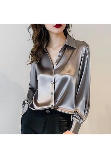 Kadın Gömlek Düz Renk Pürüzsüz Saten Uzun Kollu Yaka Rahat Üstler Tek Göğüslü Fransız Tarzı Ofis Gömlek Açık Yeşil