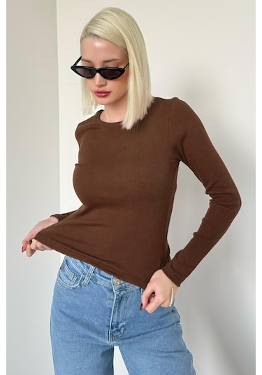 Madmext Kahverengi Bisiklet Yaka Slim Fit Kadın Body Mg2564 Kahverengi