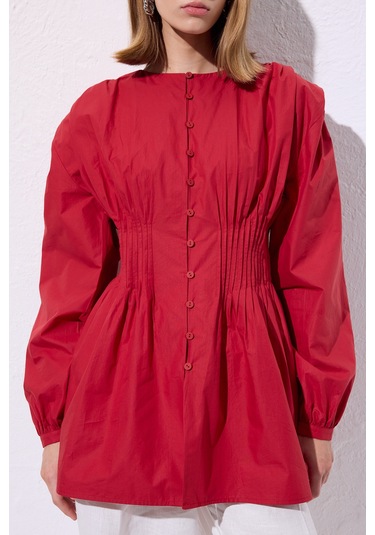 Beli Pile Detaylı Uzun Kol Bluz Kırmızı Kırmızı