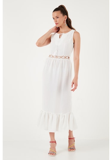 Lela Regular Fit Volanlı Kolsuz Midi Bayan Elbise 611El574 Ekru