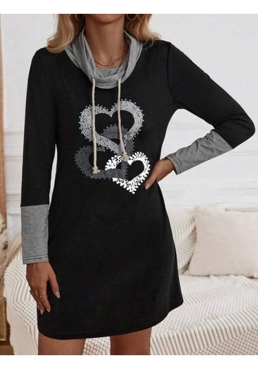 Kadın Uzun Kollu Balıkçı Yaka Bağcıklı Iki Iplik Elbise Siyah