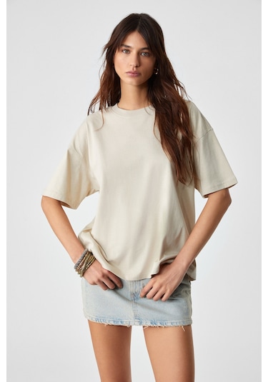 LAGERTHA  Kadın %100 organik Pamuklu Kalın Dokulu Oversize Fit Yuvarlak Yakalı Taş Rengi T-Shirt