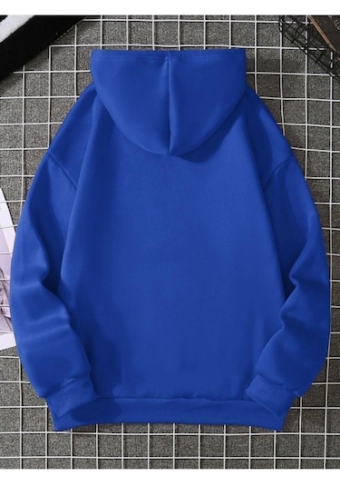 Yarım Kalp Sweatshirt - Sax Mavi Baskılı Oversize Kışlık Kalın Kapüşonlu Saks Mavi