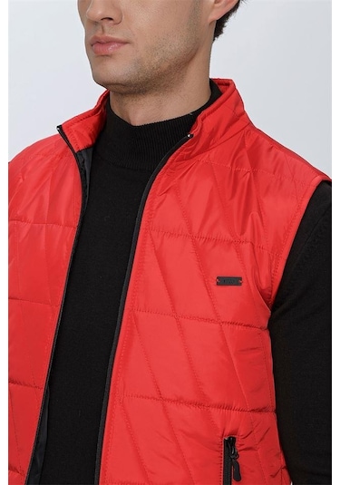 Açık Kırmızı Dik Yaka Kapitone Casual Şişme Yelek 1009225153-Açık Kırmızı