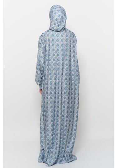 Pratik Tek Parça Güneş Desenli Kollu Tak Çıkar Başörtülü Likralı Tesettür Namaz Elbisesi 990-0302 Açık Petrol Antrasit