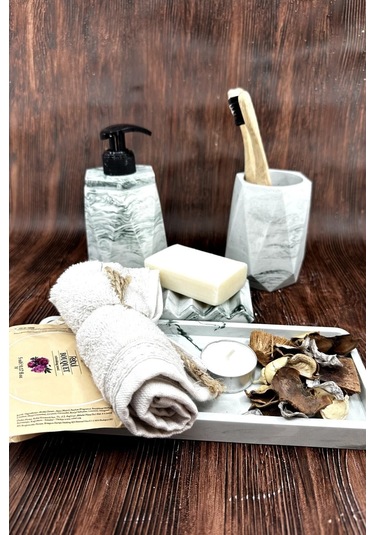 Betonmall 4 Parça Mermer Desenli Beton Banyo Seti Katı Sıvı Sabunluk Diş Fırçalık Tepsi - Yeşil Yeşil