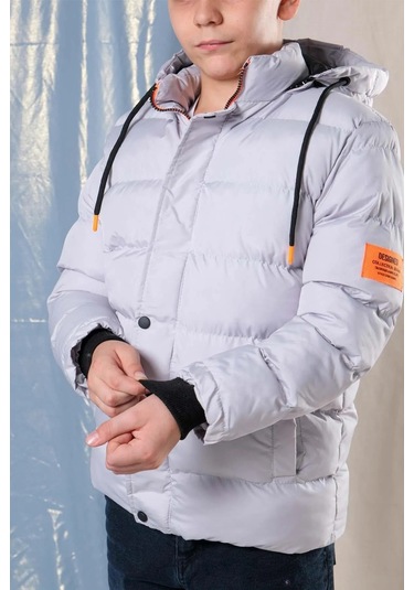 Kapüşonlu İçi Polar Astarlı Erkek Çocuk Şişme Mont Gri