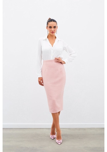 Sateen Midi Boy Tüvit Etek - Pudra-135029 Pudra