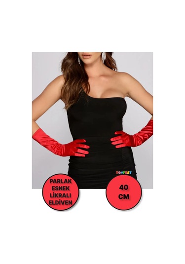 Uzun Boy Parlak Esnek Likralı Eldiven 40 Cm - 1 Çift - Kırmızı Çok Renkli