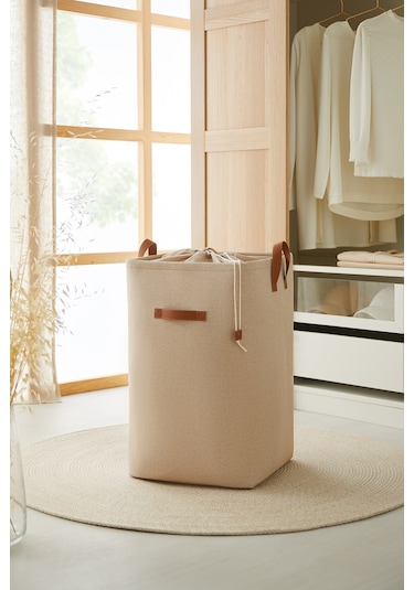 Ocean Home Textile Ağzı Büzgülü Bej Renk Çamaşır Sepeti 36 x 36 x 57 cm