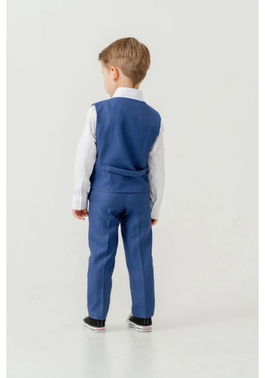 Erkek Çocuk Yelekli Slim Fit Takım Elbise 4 Parça Yelek, Pantolon, Gömlek, Papyon Te.7026 Saks Mavi