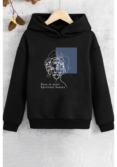 Çocuk Minimal Line Drawing Baskılı Sweatshirt Siyah