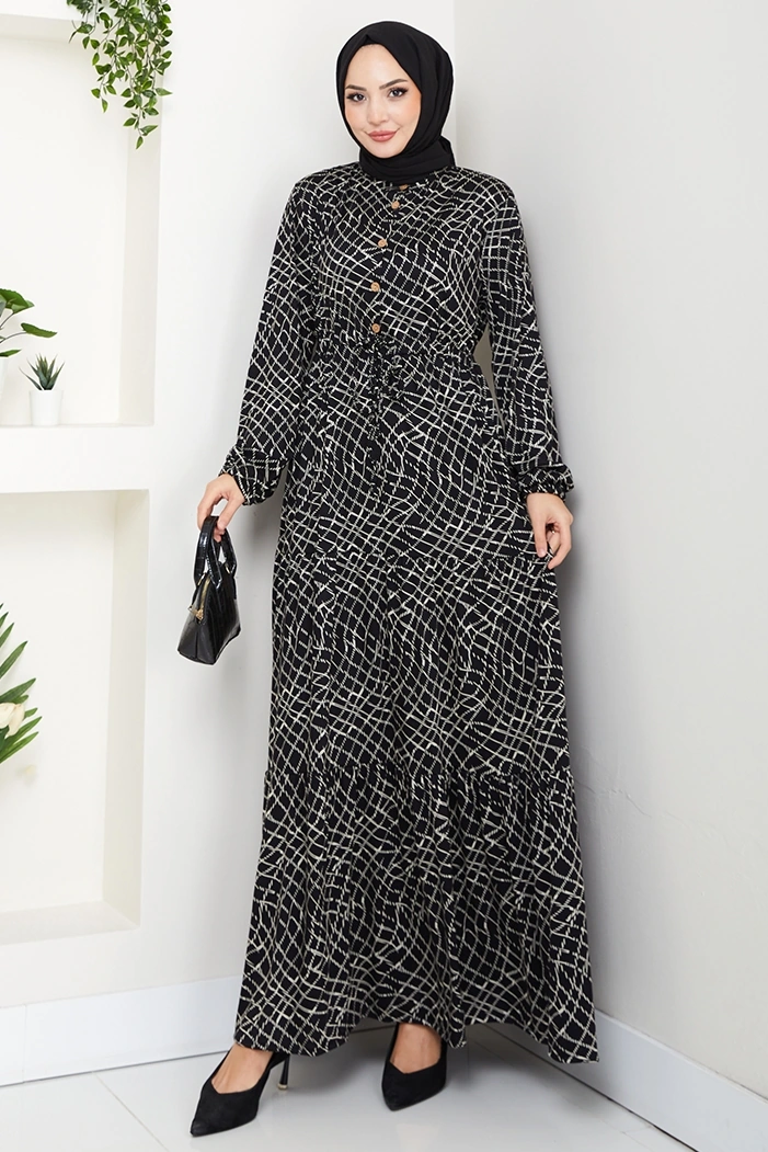 Çizgi Desen Yarım Düğmeli Elbise 1630 - Siyah Siyah
