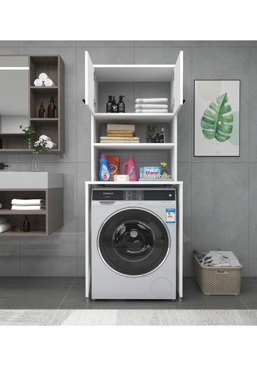 Enda Home 3 Raflı Kapaklı Çamaşır Makinesi Banyo Dolabı Beyaz