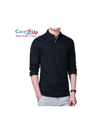 Rahat Up Polo Gömlek Erkekler Moda Uzun Kollu Mandarin Yaka Gömlek Erkek Rahat Keten Gömlek Adam Artı Beyaz Siyah