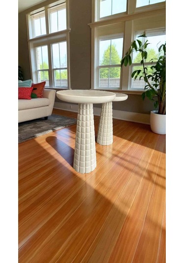 Doğal Ahşap Krem Renk 2 Li Sehpa Seti Mantar Yan Sehpa Takımı