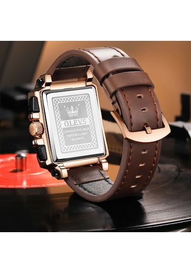 Olevs 9919 Erkekler İçin Kare Kadranlı Kronograf Aydınlık Kuvars Saat Kahverengi Deri Gül Kabuğu Siyah Yüzey