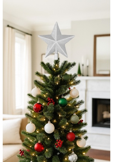Yılbaşı Ağaç Tepeliği 20 Cm - Gümüş Simli Ve Yıldız Dolgulu Büyük Boy Lüks Çam Ağacı Dekorasyonu Diğer