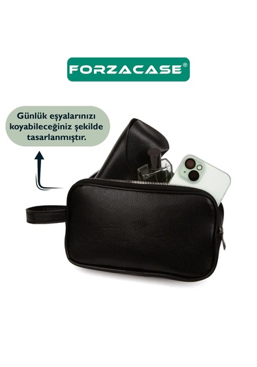 Unisex Suni Deri 2 Gözlü Günlük Tıraş Makyaj El Çantası - Fc706 Siyah
