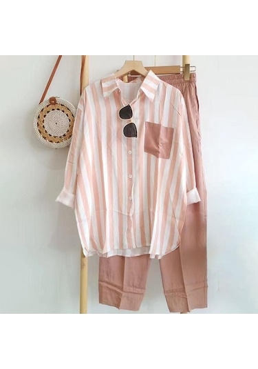 M-5xl Kadın Giyim İlkbahar Yaz Uzun Kollu Üst + Pantolon Yeni Çizgili Tek Sıra Yaka Gömlek + Geniş Paça Pantolon 2 Adet Yeşil