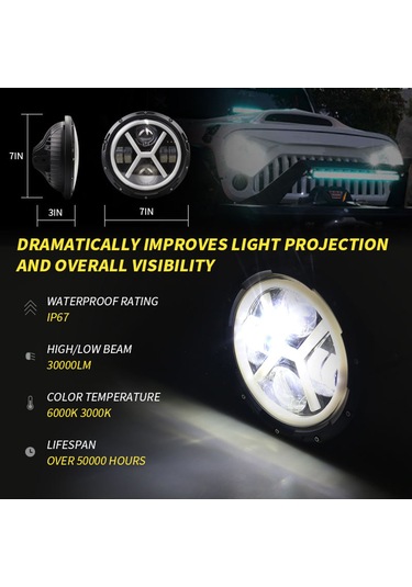 Symbee 7 İnç Dört Lens X Tipi Led Far Tek Adet - Jeep Wrangler Jk/jku/cj/lj/tj Ve Hummer H1/h2 Uyumlu, 30000lm Parlaklık, Ip67 Su Geçirmez