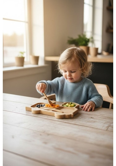 Tren Figürlü Bambu Bebek Mama Seti Bölmeli Tabak + Kaşık Çatal Seti Bej