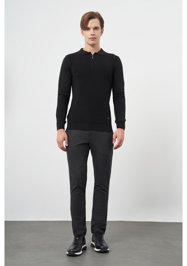 Siyah Uzun Kol Kendinden Desenli Örme Polo Yaka Classic Comfort Fit Triko 1012245156 Siyah