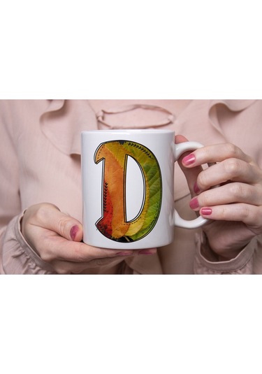 D Harf Yaprak Renkleri İle Kupa Bardak - Kişiye Özel Alfabe Harfli Bardak - Hediye Beyaz