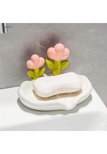 Willowhaven Beyaz Oval Plastik Çiçek Desenli Kendinden Süzülmeli 4 Mevsim Sabunluk Beyaz