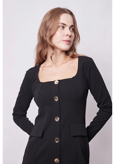 Kadın Likralı Krep Kumaş Kare Yaka Uzun Kol Önü Düğmeli Ofis Ceket Elbise-siyah Siyah