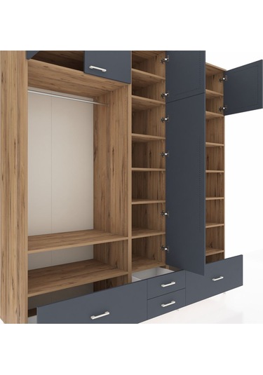 Kronos Dolap 18 Raflı 4 Çekmeceli Tek Askılı 220x59x243 Çam-antrasit/antrasit Antrasıt/antrasıt