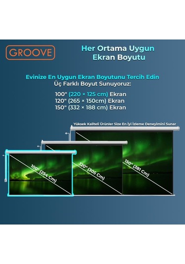 Groove Vizio Pro 100 Inch Blackout Işık Geçirmez Elektrikli Otomatik Kumandalı Projeksiyon Perdesi 220x125cm +motorlu+canlı Renkler+göz Koruması+leke Tutmaz Projector